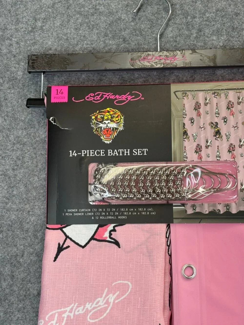 Ed Hardy Shower Curtain Set w 14 Piece w Hooks & Liner Pink Hearts Panther Snake